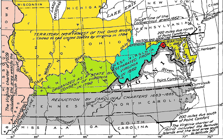 Virginia's land borders were modified between the 1632 creation of Maryland (yellow) and the 1870 Supreme Court ruling that Berkeley and Jefferson counties (red) were legally added to West Virginia by Congressional action in 1866