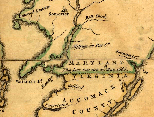 Watkins Point and MD-VA boundary, as drawn by John Fry/Peter Jefferson in 1755
