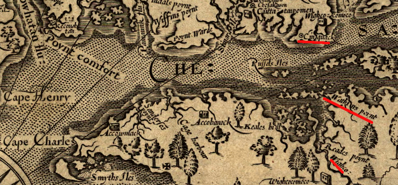 John Smith's map of Watkins Point, Cinquack, and the river Wighco (note map orientation, with west at the top)