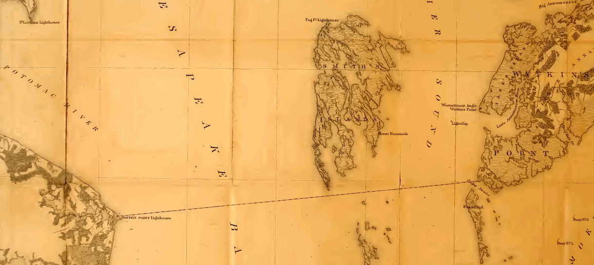 straight line from Smith Point across Chesapeake Bay to Watkins Point, as defined in the 1632 charter