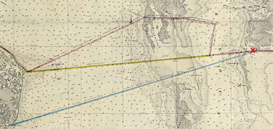 arbitrators defined a spot to be called Watkins Point (red X), and drew a zig-zag boundary (pink) rather than a straight line (yellow)