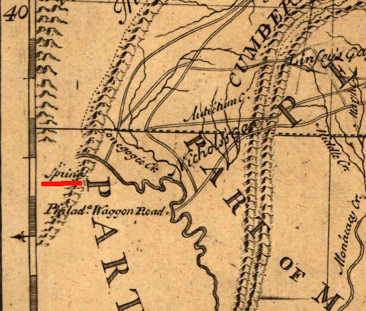 Lewis Evans 1752 map showing 40th degree of latitude and spring at head of Potomac River, landmarks which define the future Maryland-Pennsylvania-Virginia borders