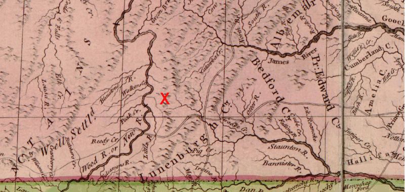 the exact location of the watershed divide separating the headwaters of the Roanoke River from the New River was poorly understood throughout the colonial era (modern Blacksburg area marked by red X)