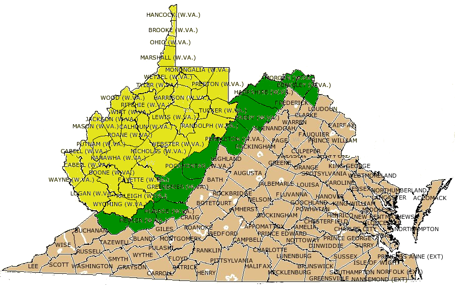 original 39 counties included in August 20, 1862 Dismemberment Ordinance to create the new state to be named Kanawha, and later additions (green) to what became West Virginia