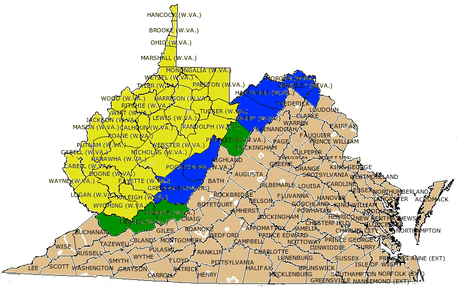 the Dismemberment or Wheeling Ordinance adopted on August 20, 1861 proposed a new state composed of 39 counties (yellow), specifically authorized Pocahontas and Greenbrier counties south of Pendleton County and Hampshire, Hardy, Morgan, Berkeley, and Jefferson on the north to opt-in to the new state (blue), and also allowed adjacent counties to join (those which finally did are shown in green)