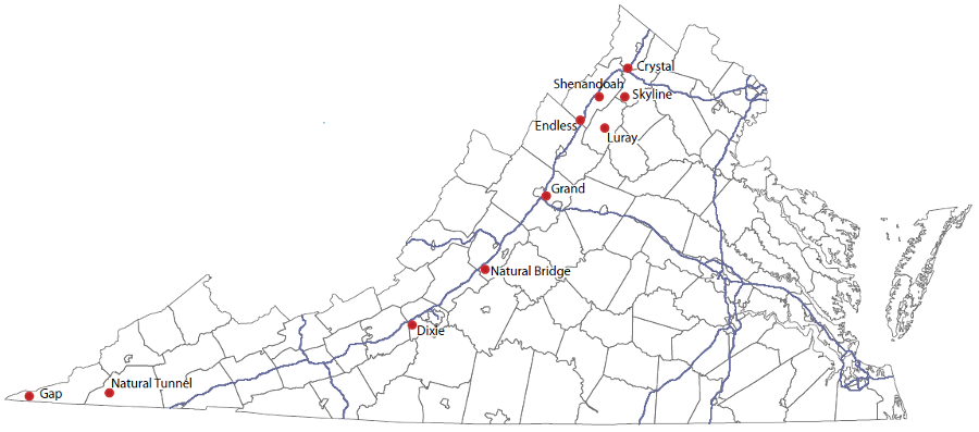 all commercial caves in Virginia are located in the limestone formations west of the Blue Ridge