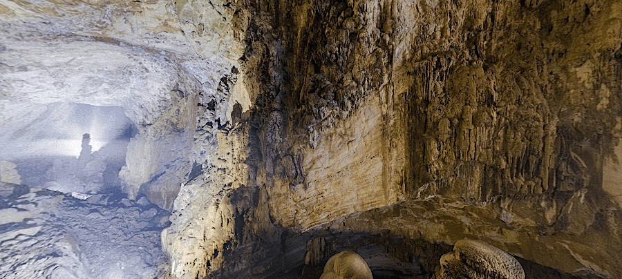 view from the top of the Hand of Dog stalagmite, tallest in the world, in Vietnam's Son Doong Cave