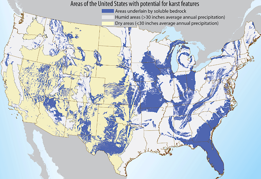 solution caves can form in many areas of the United States