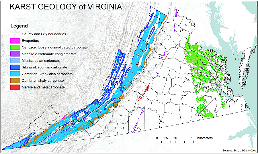 calcium-rich sediments are located east of the Fall Line, but nearly all caves are west of the Blue Ridge in the Valley and Ridge physiographic province