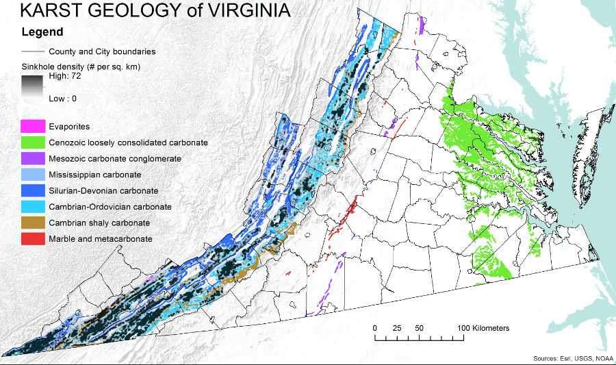 sinkholes might develop in carbonate bedrock deposited on the Coastal Plain when sea levels were higher, but sinkholes are most common west of the Blue Ridge