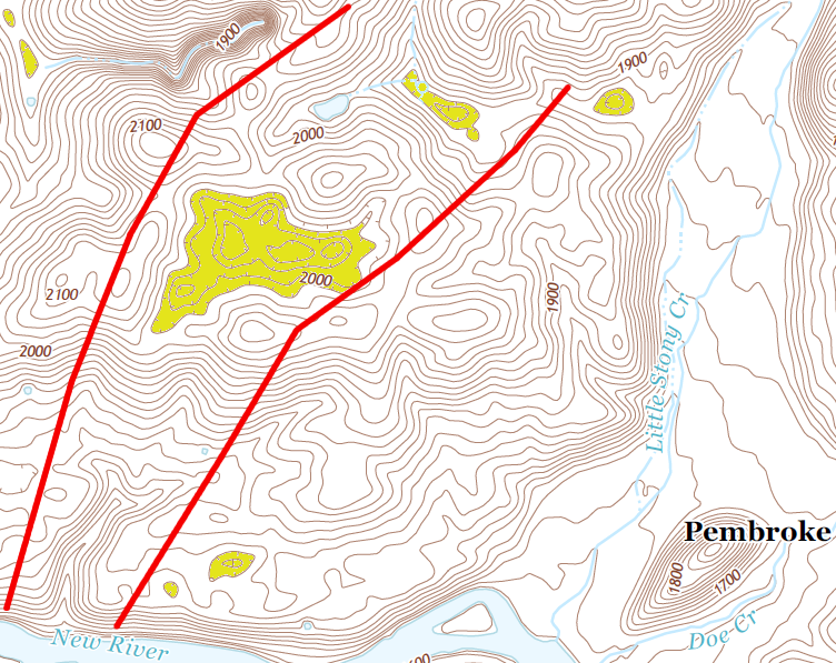 area in yellow indicates sinkholes, beneath which may lie an undiscovered cave system