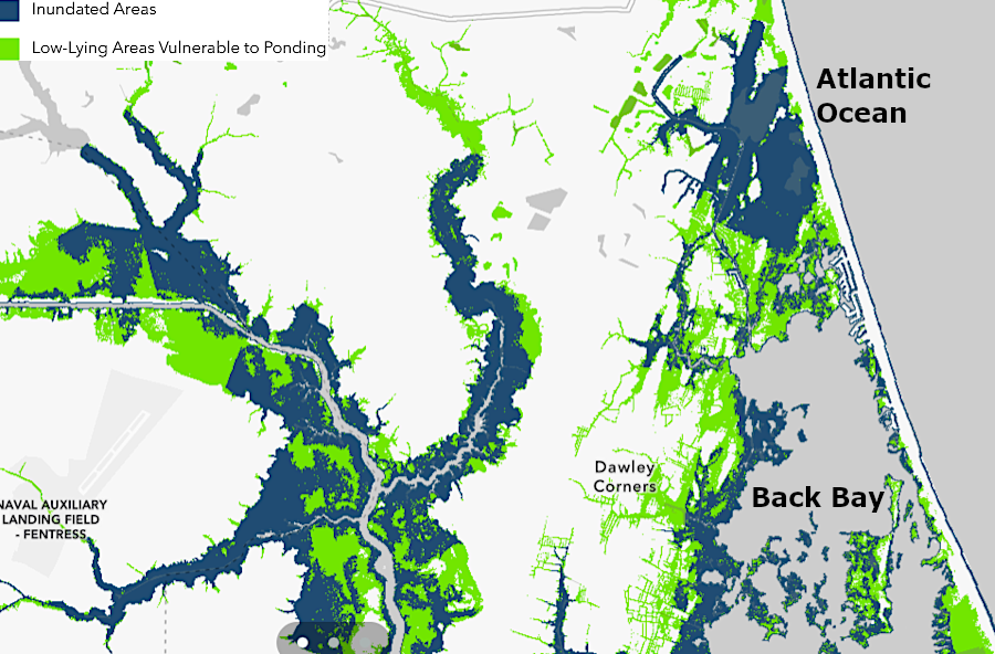 land adjacent to Back Bay and the North Landing River in the City of Virginia Beach will be flooded by 1.5 feet of sea level rise