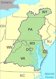 West Virginia, Pennyslvania, New York, Delaware, and the District of Columbia send pollution downstream to the bay, plus the two states (Virginia and Maryland) in which the bay is located