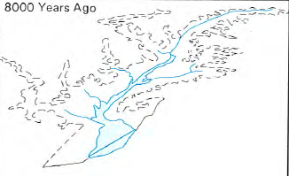 former shape of Susquehanna River valley, before sea level rise created Chesapeake Bay