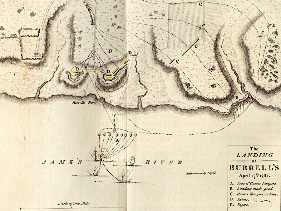 Col. John Simcoe landed at Burrell's Landing (modern Kingsmill Resort) in 1781