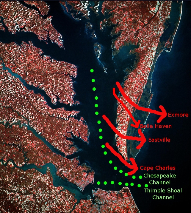 former channels of Susquehanna River, as growth of Eastern Shore extended length of Chesapeake Bay