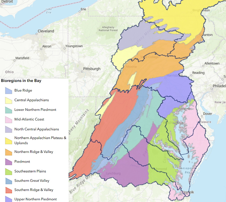 each major tributary of the Chesapeake Bay flows through a number of different ecological conditions