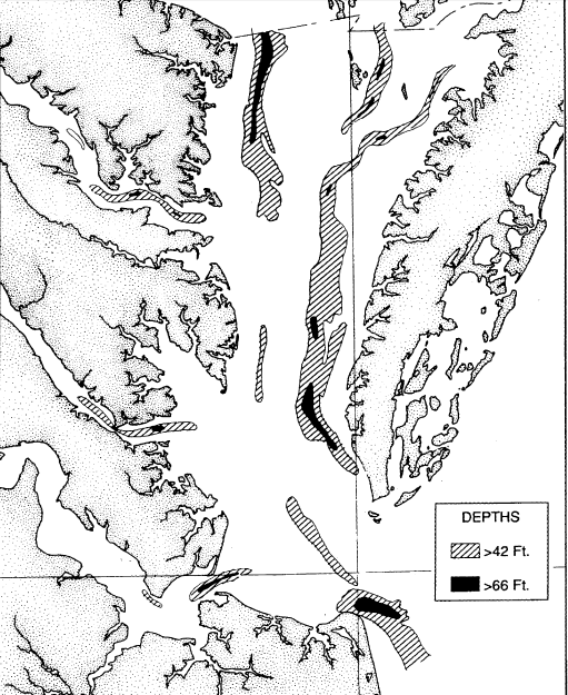 depths in the Chesapeake Bay reflect erosion by rivers, prior to sea level rise that has drowned the old river channels