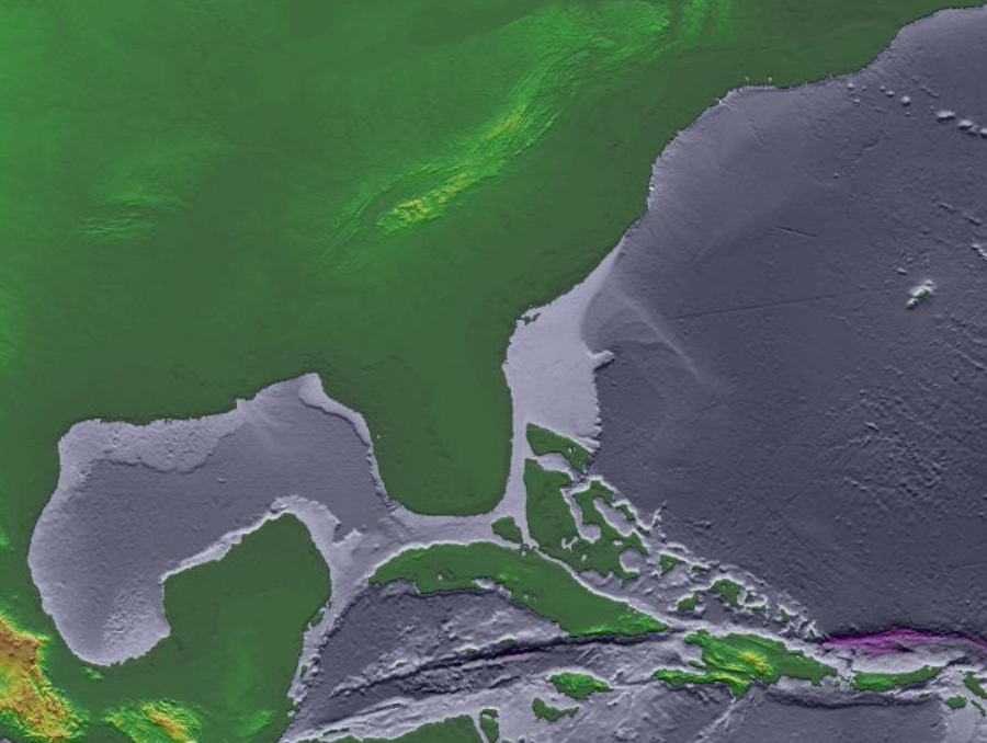shape of North American when sea level was 110 meters below the present level, at peak of the last ice age about 18,000 years ago