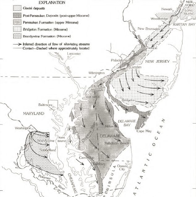 deposition from the north in Pliocene Epoch, prior to southern extension of Delmarva Peninsula in last 500,000 years