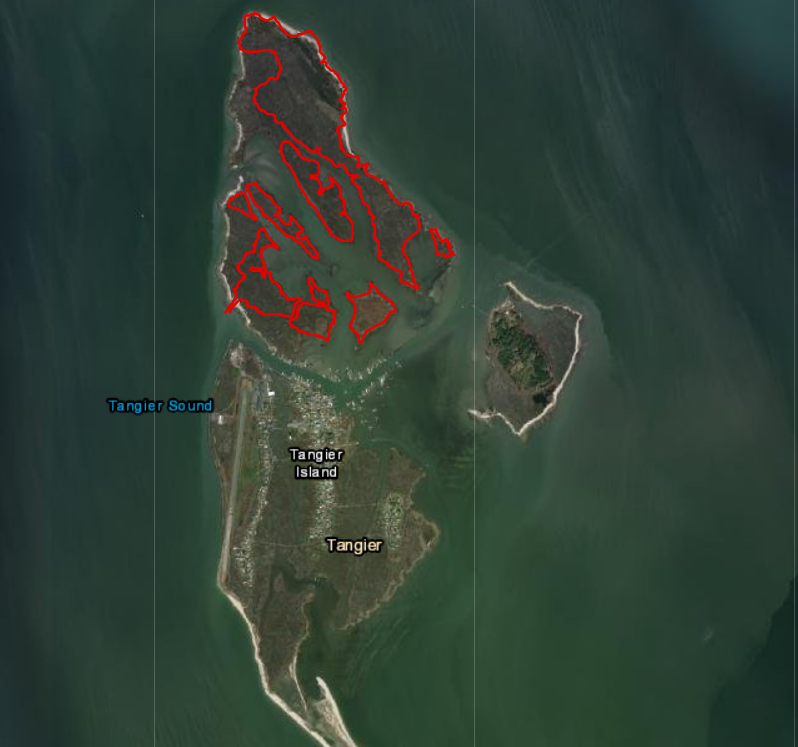 red line shows the small shoreline of Tangier Island projected to exist in 2063