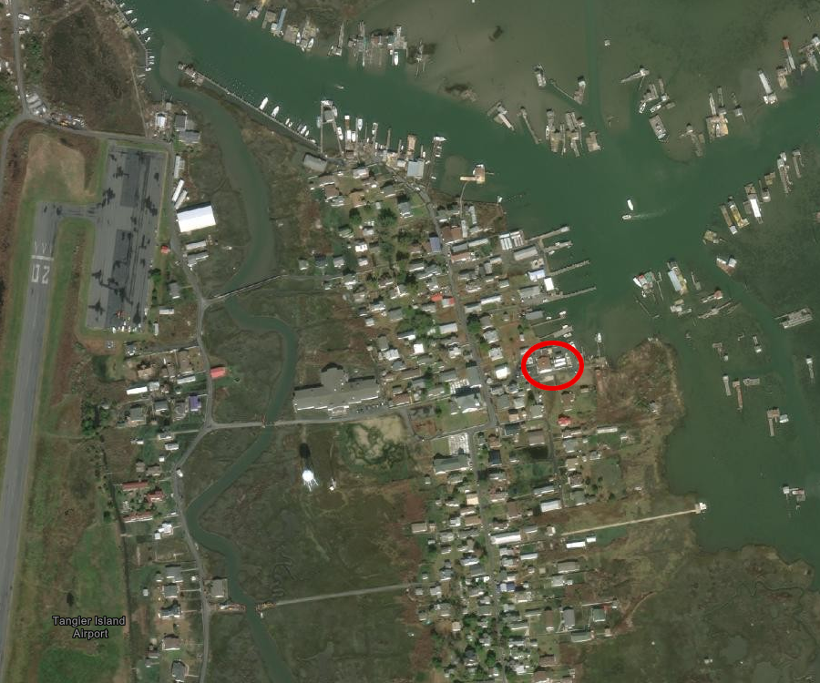 the electric plant on Tangier Island (red circle), where the cable from the Eastern Shore now comes ashore