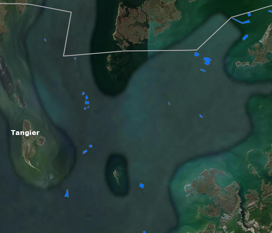 modern oyster reefs near Tangier Island are in shallow waters to the east