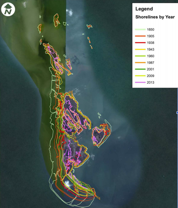the Tangier Island shoreline has been shrinking since the first map was completed in 1850