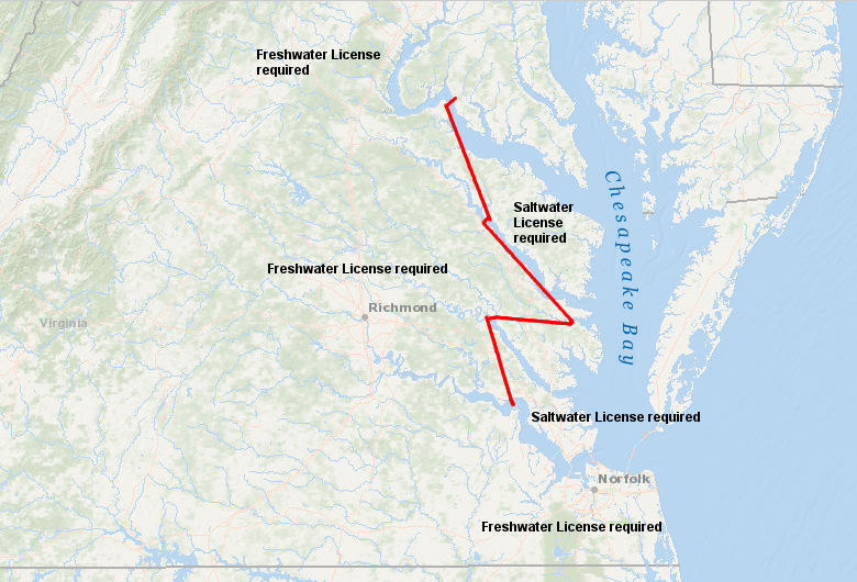 the Virginia Marine Resources Commission defines the lines on tidal rivers where a Freshwater vs. Saltwater license is required