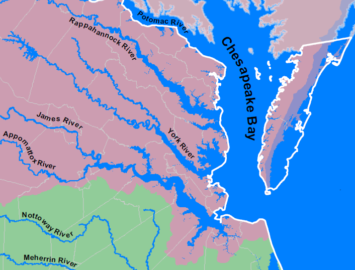 the eastern part of the Eastern Shore is <u>not</u> in the purple-colored Chesapeake Bay watershed... but is it in 