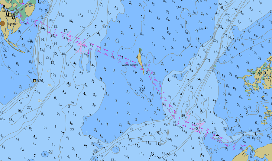 nautical charts mark the route of a submerged electrical cable which crosses Watts Island