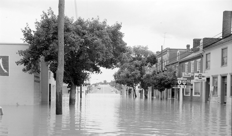 two days after Hurricane Agnes, near the intersection of Route 20 and Route 6 in Scottsvile looking towards the bridge over the James River