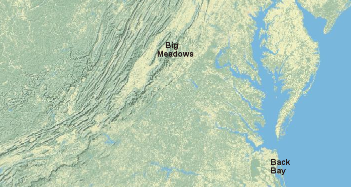Big Meadows is over 4,000 feet higher in elevation than Back Bay, and over two degrees in latitude (>140 miles) further north