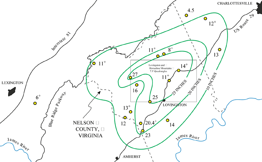 at least 28 of rain fell in Nelson County during one 8-hour period, when Hurricane Camille stalled over the Blue Ridge in 1969 (plus signs indicate that rain gauges overflowed and only minimum rainfall is known)
