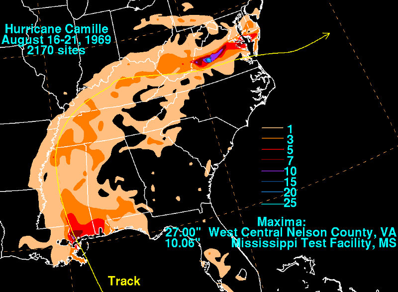 the heaviest rains ever recorded in Virginia from a tropical cyclone occurred in Nelson County in 1969, when Hurricane Camille was slowed by the Blue Ridge