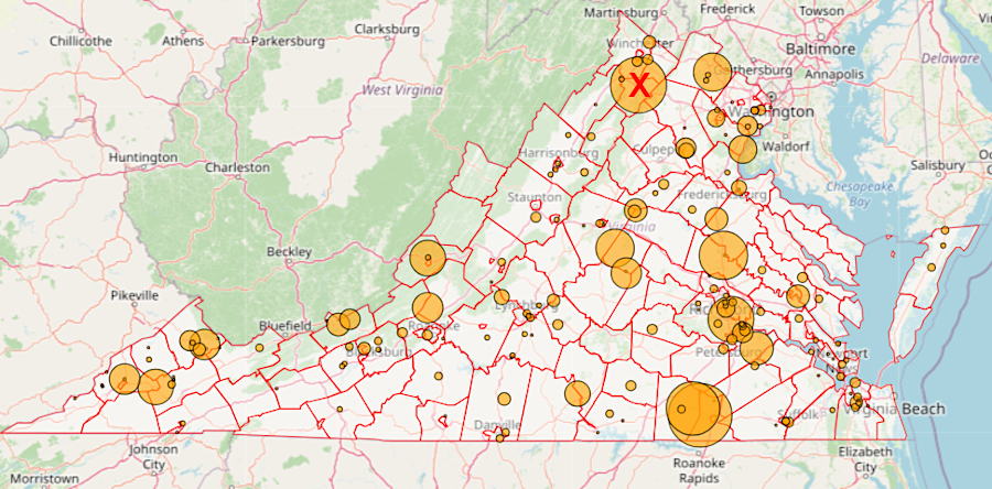 certain faclities, such as the Warren County Power Station (red X), are the largest emitters of grenhouse gases in Virginia