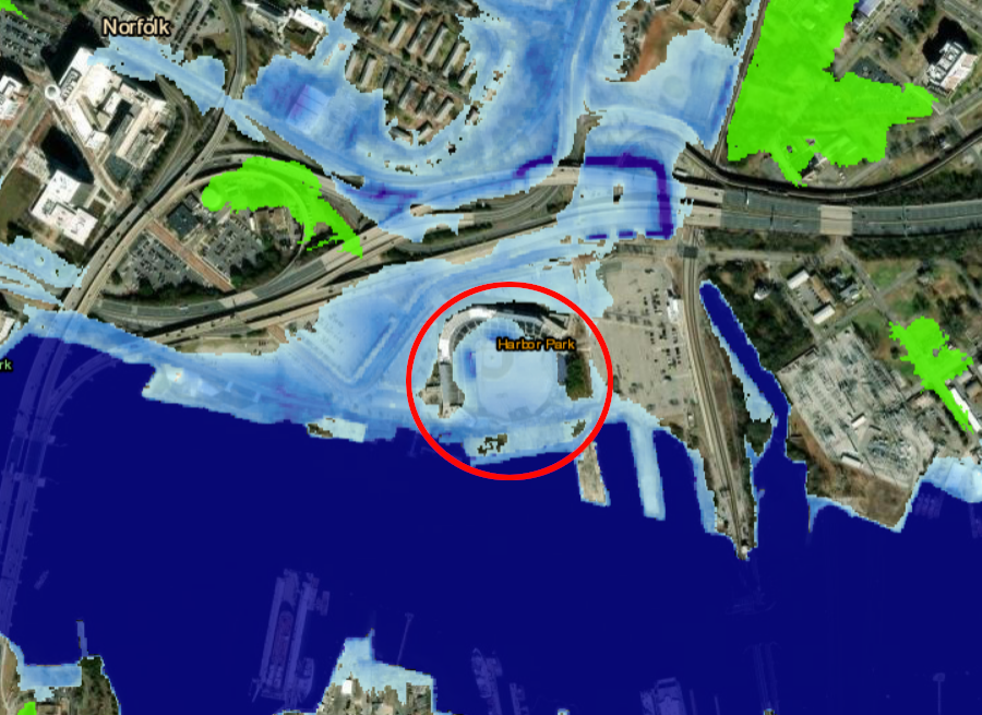 Harbor Park, the location of Norfolk's baseball park and planned casino, would be underwater if sea level rose five feet