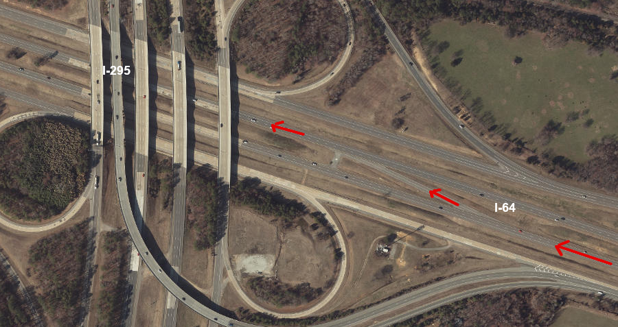 traffic in the normal westbound lanes on I-64 will exit onto I-295, then contraflow traffic will use a crossover to shift to those westbound lanes