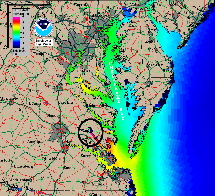 the storm surge from Hurricane Isabel was as high as six feet near West Point, on the York River