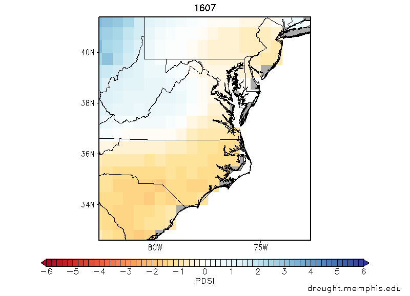English colonists arrived at Jamestown during a record-setting drought, measured by the Palmer Drought Severity Index (PDSI)