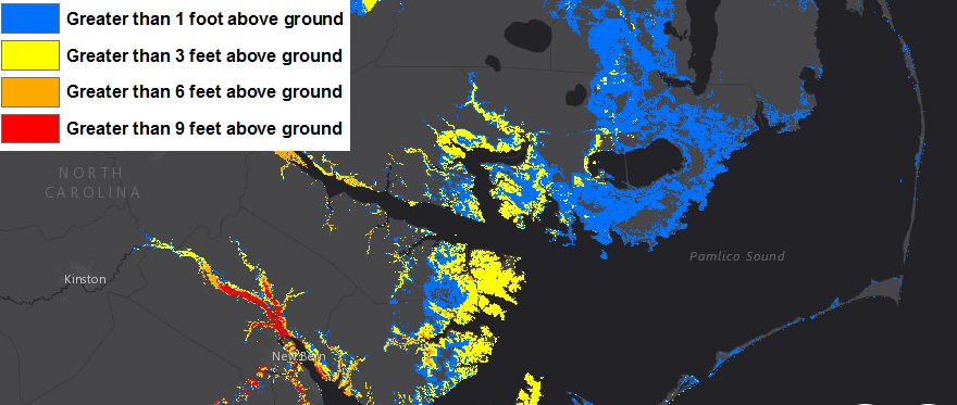 as Hurricane Florence approached in 2018, Federal agencies identified areas at risk - colors indicate where water height has about a 1-in-10 (10%) chance of being exceeded