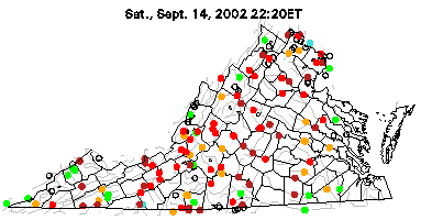 in 2002, Virginia rivers were at record low flow levels (red dots)
