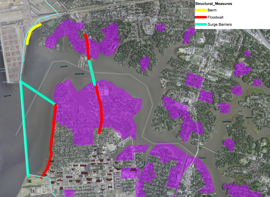 at the Lafayette River, the U.S. Army Corps of Engineers has recommended constructing a temporary storm-surge barrier with a permanent floodwall on either side