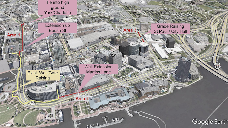 in Phase 2, the existing floodwall would be extended north up Boush Street and east along Waterfront Drive (red lines)