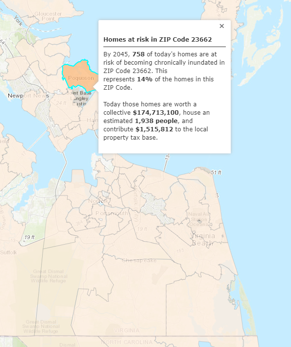 the Union of Concerned Scientists predicts houses at Poquoson will flood the most often in Hampton Roads by 2045