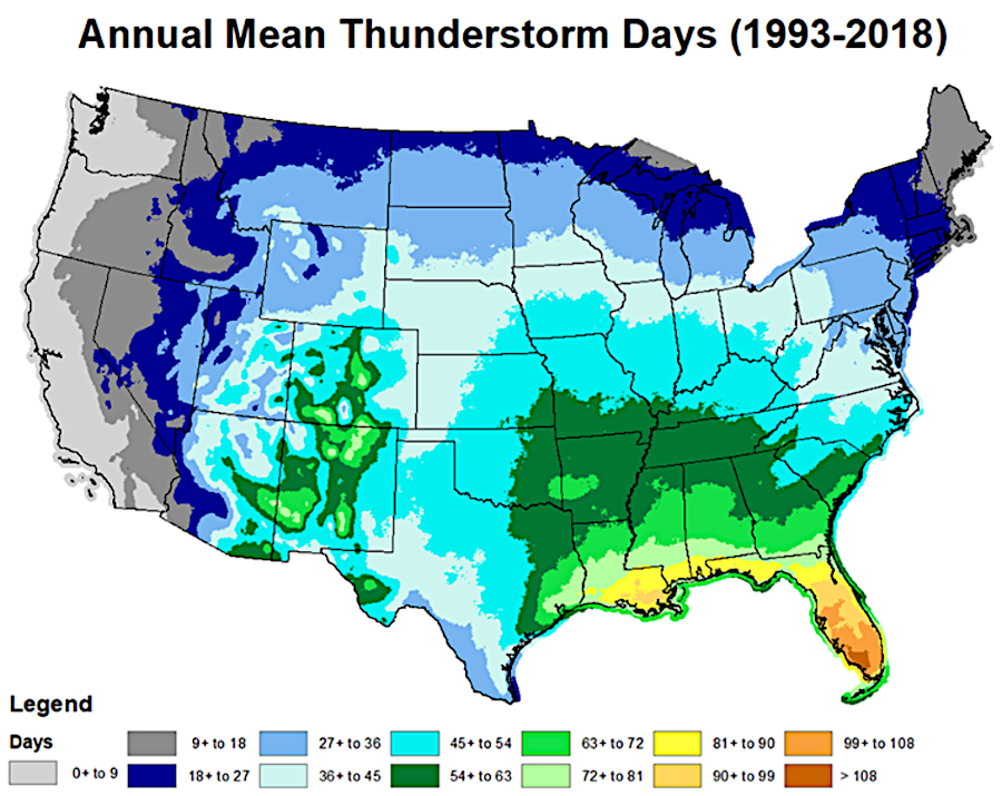 most places in Virginia experience about 40 thunderstorms each year