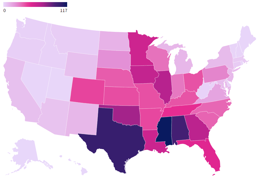 in Dixie Alley, Mississippi had the most tornadoes (117) between 2019-2023