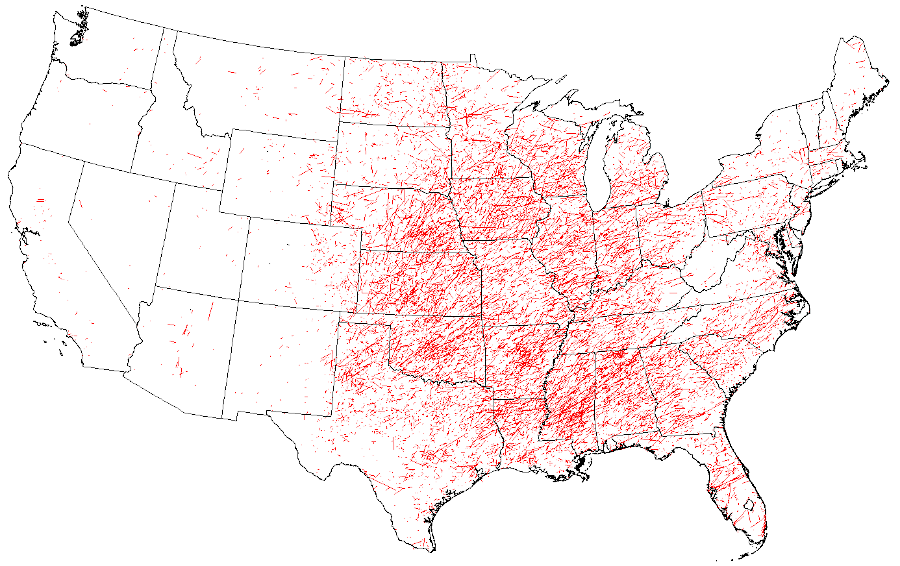 tornado paths between 1950-2019