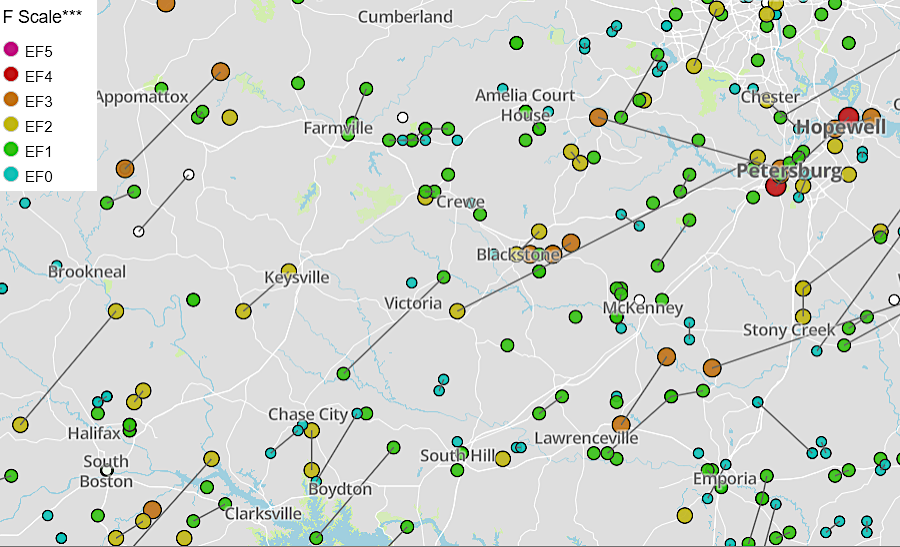 many tornadoes in Virginia move from the southwest to the northeast