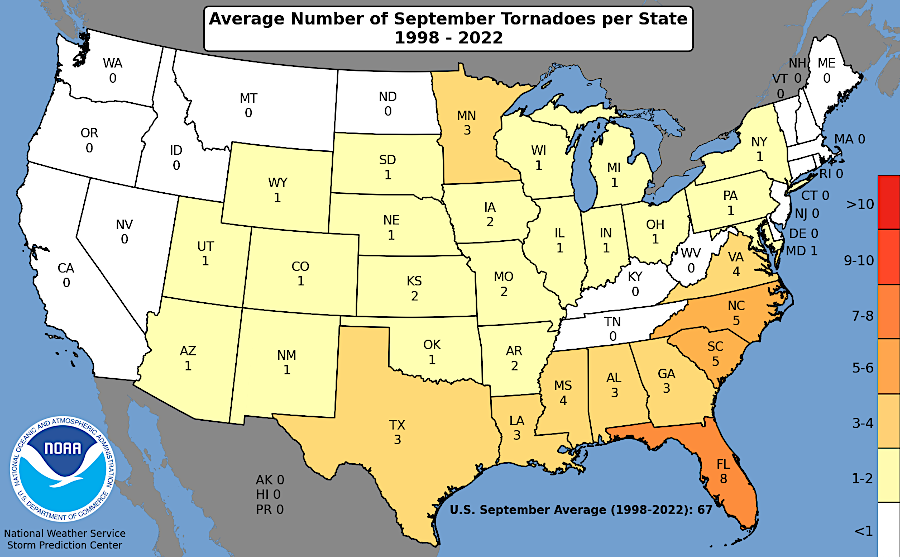 on average, Virginia experiences more tornadoes in September than in any other month